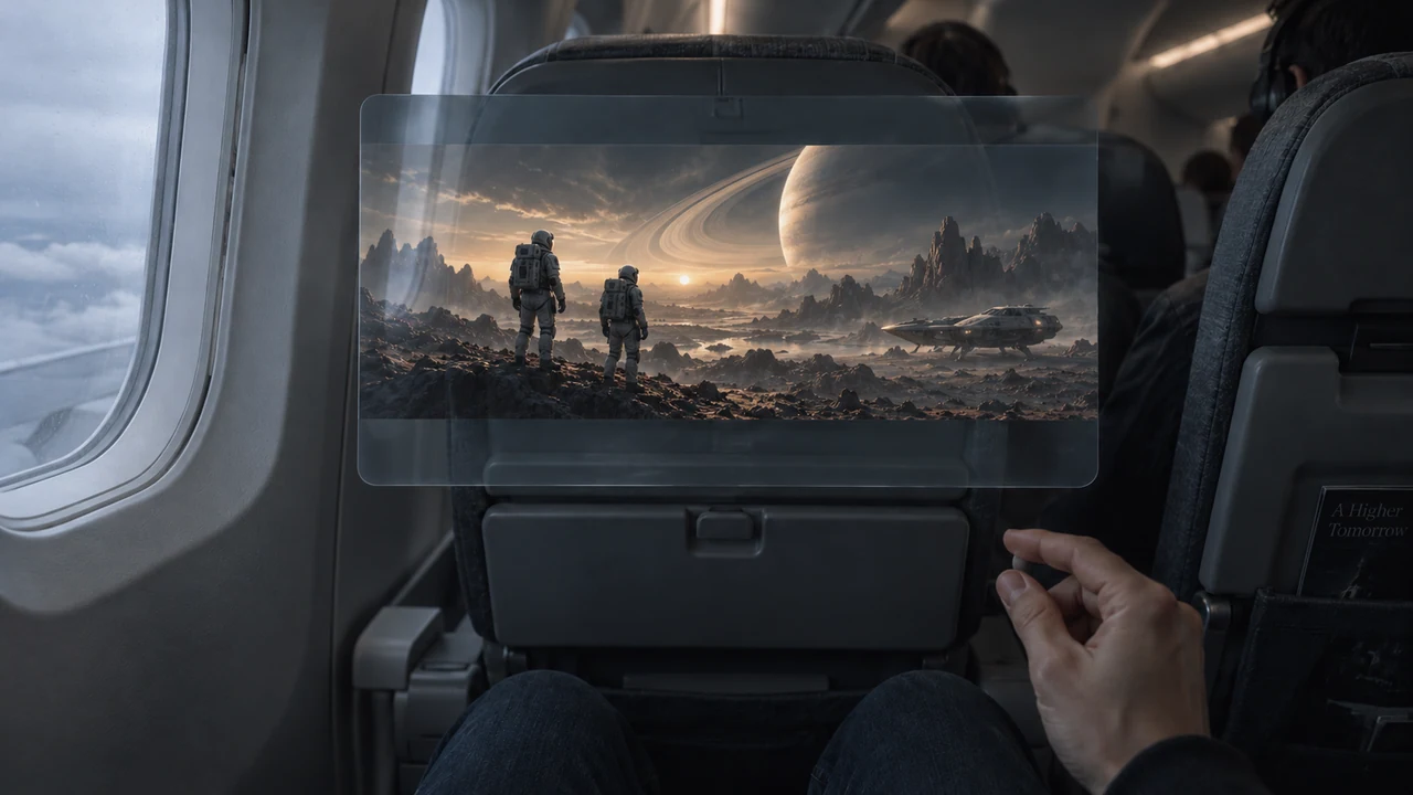 A passenger watches a film on a virtual screen in an airplane cabin