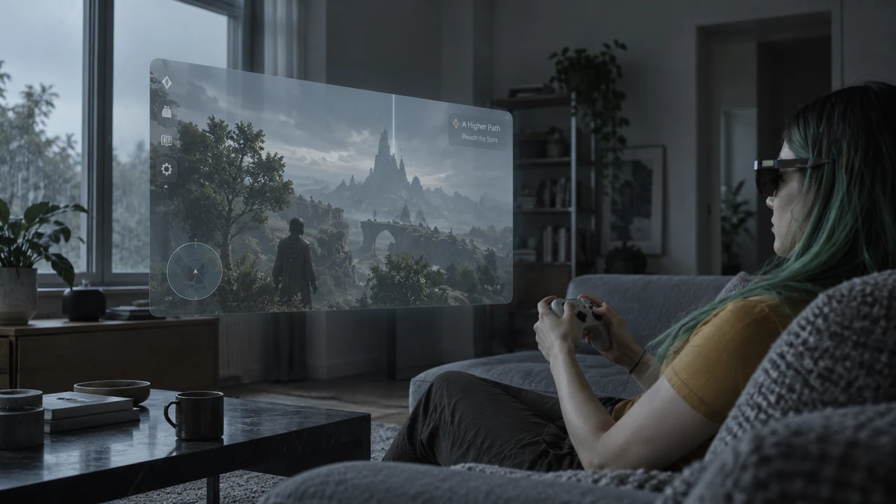 A person wearing glasses plays a game on a large virtual screen at home