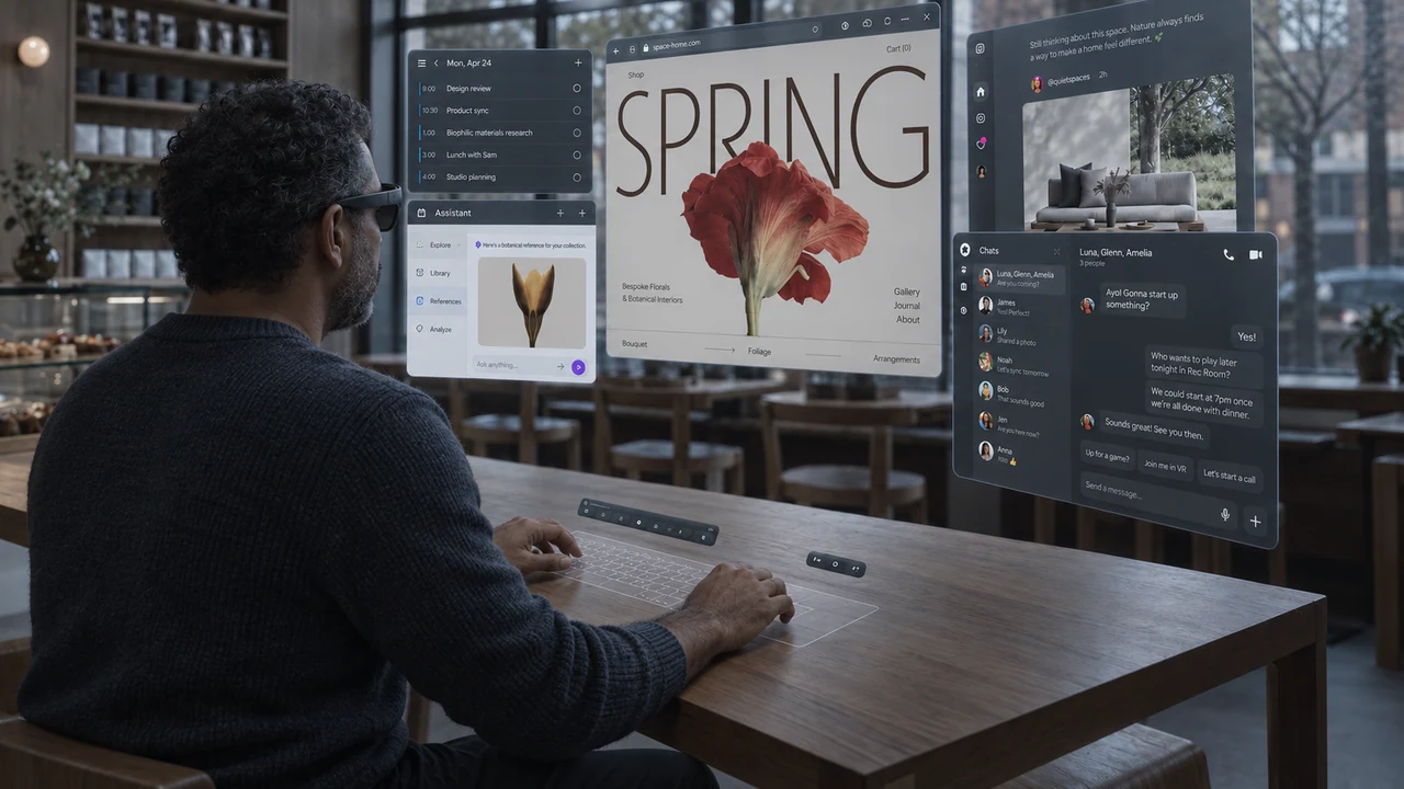 A person wearing glasses works across floating app windows at a table