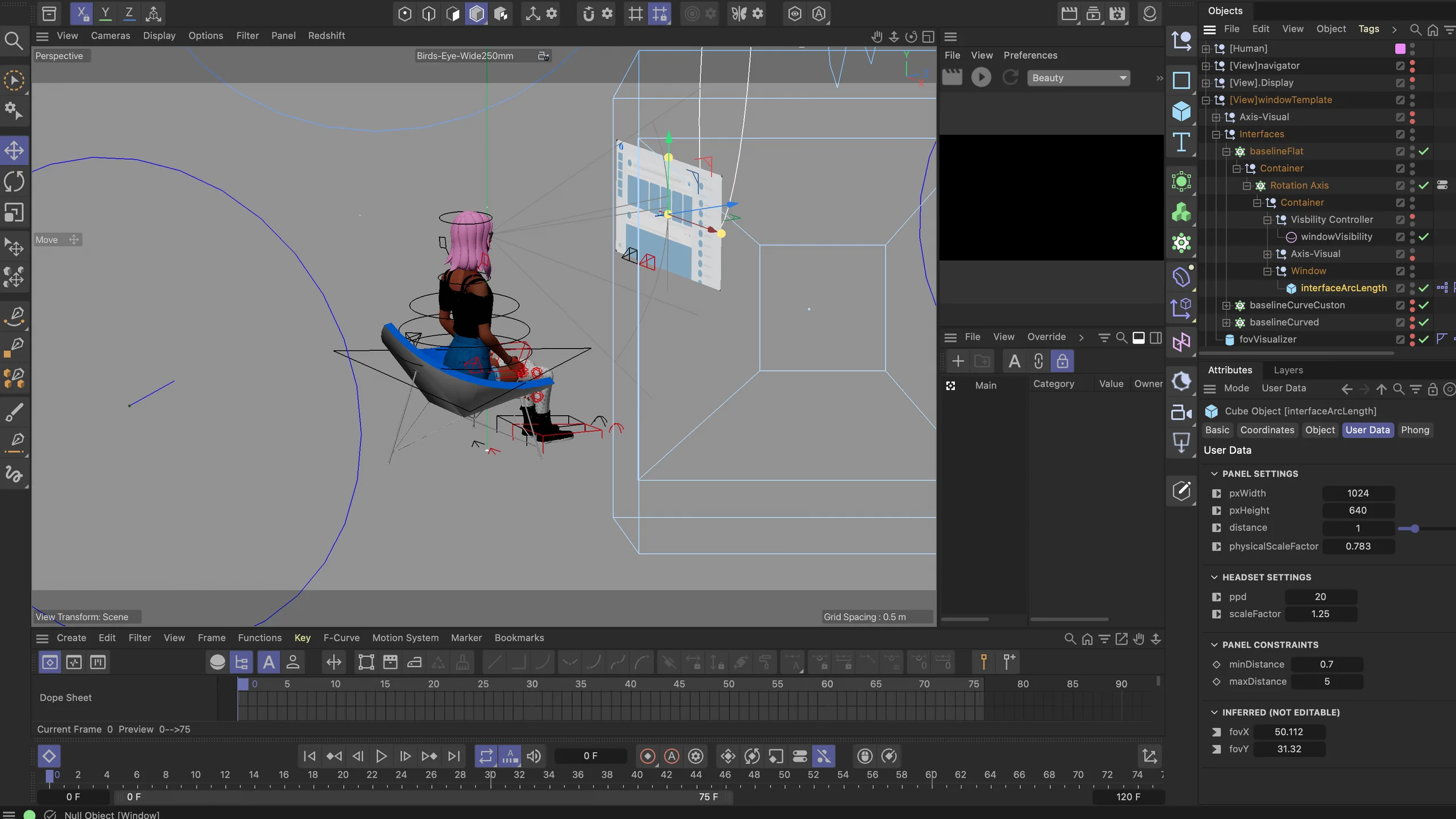 Cinema 4D scene with an avatar, a window panel, and user-data controls for panel size, distance, pixels per degree, and scale