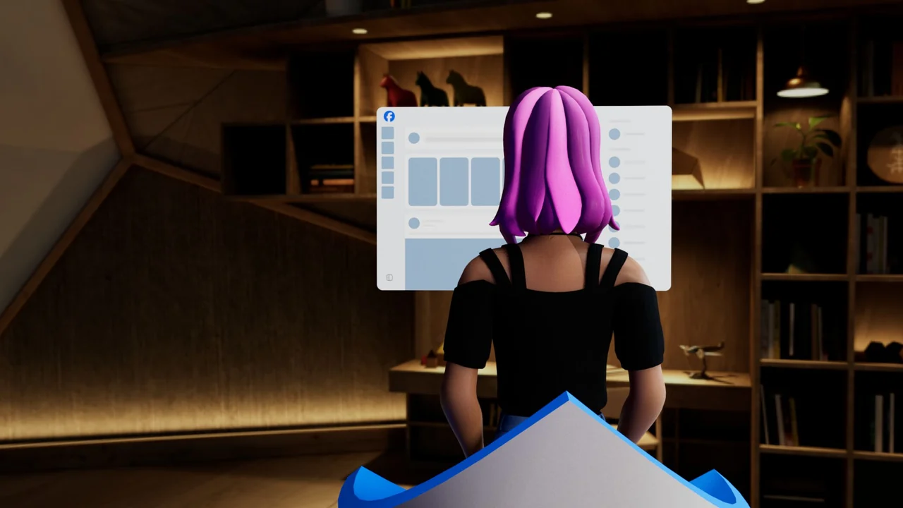 Original VR Home render of an avatar facing an app panel in a virtual room