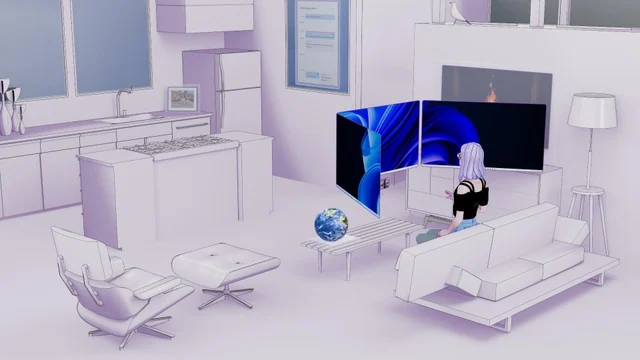 Purple exploration of a curved display in front of a person seated at home