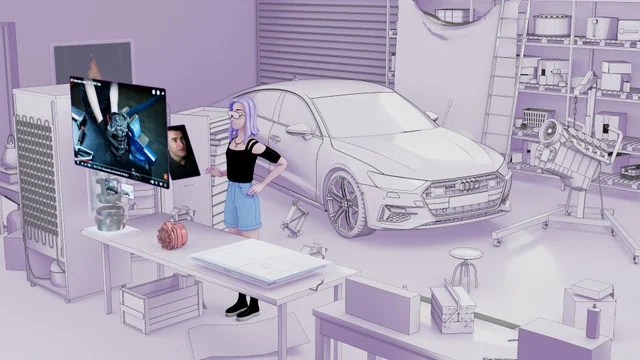 Purple exploration of video, a call, and reference content around a person working in a garage