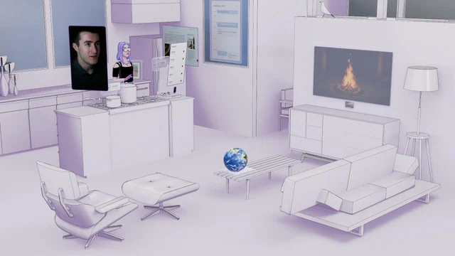 Purple exploration of a call and reference content beside a person standing in a kitchen