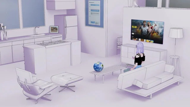 Purple exploration of a seated person with a large screen and content placed around the room