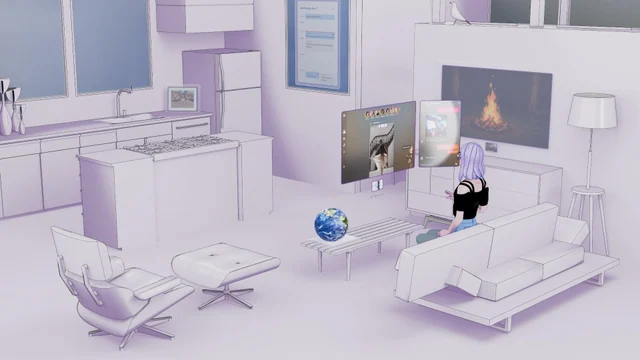 Purple exploration of nearby app panels alongside a screen across the room
