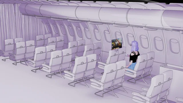 Purple exploration of a passenger viewing a floating screen in an airplane cabin