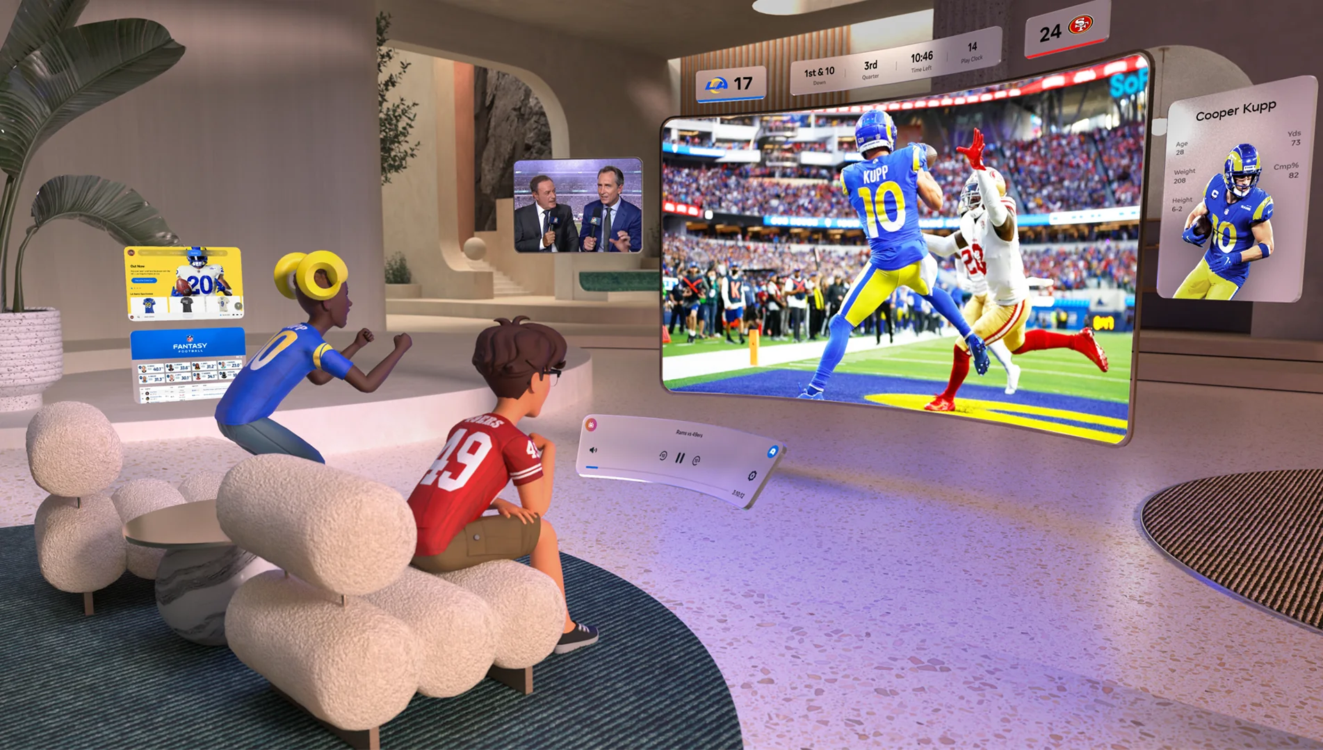 Co-watching concept: two avatars watching a football game together with live stats and a playback panel