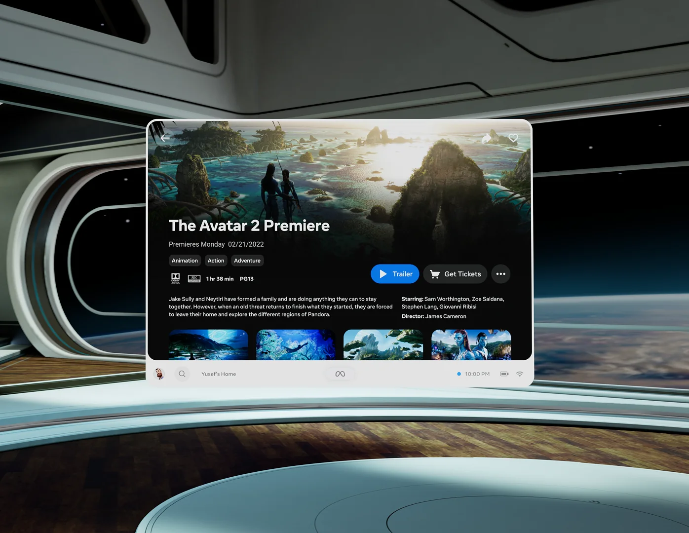 Quest TV movie detail panel for a premiere, floating in a virtual environment