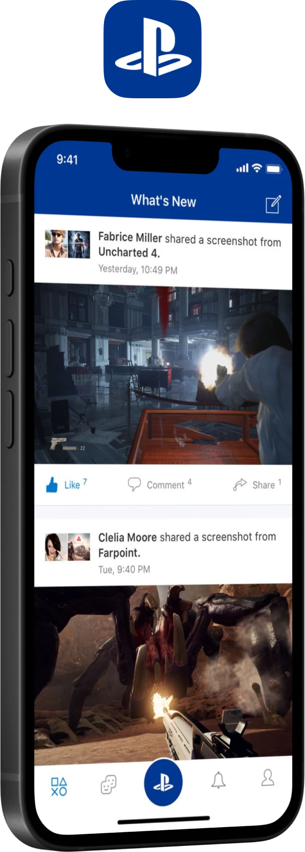 The earlier PlayStation App showing a feed of friends’ activity