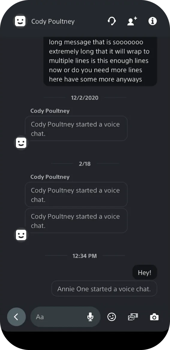 The same chat thread after my code changes, with grouped events, consistent timestamps, and the intended input bar