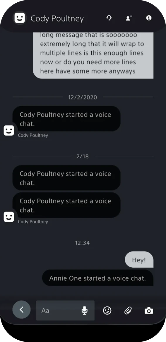 Chat thread as first implemented, with inconsistent message grouping and timestamps
