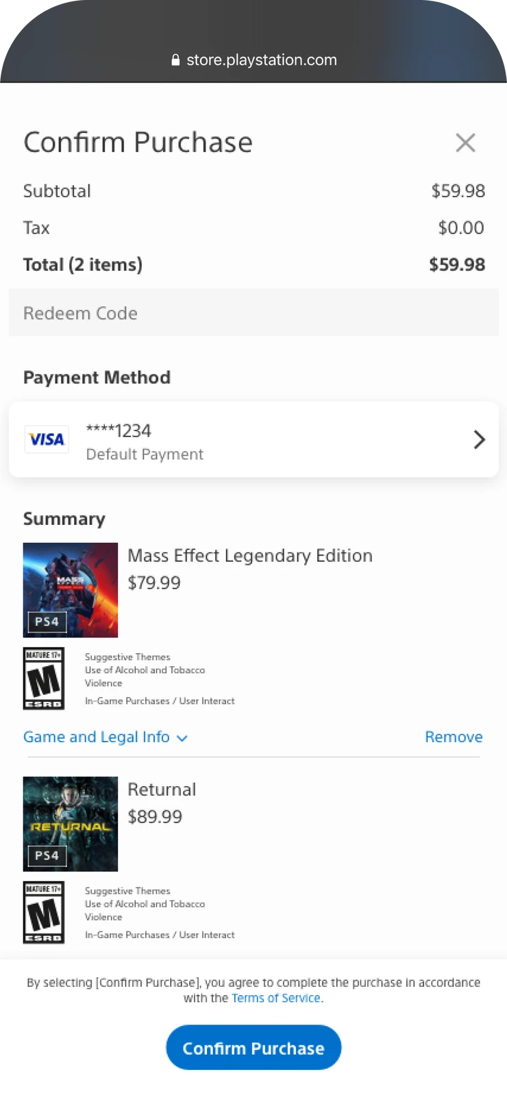 PlayStation App store checkout screen