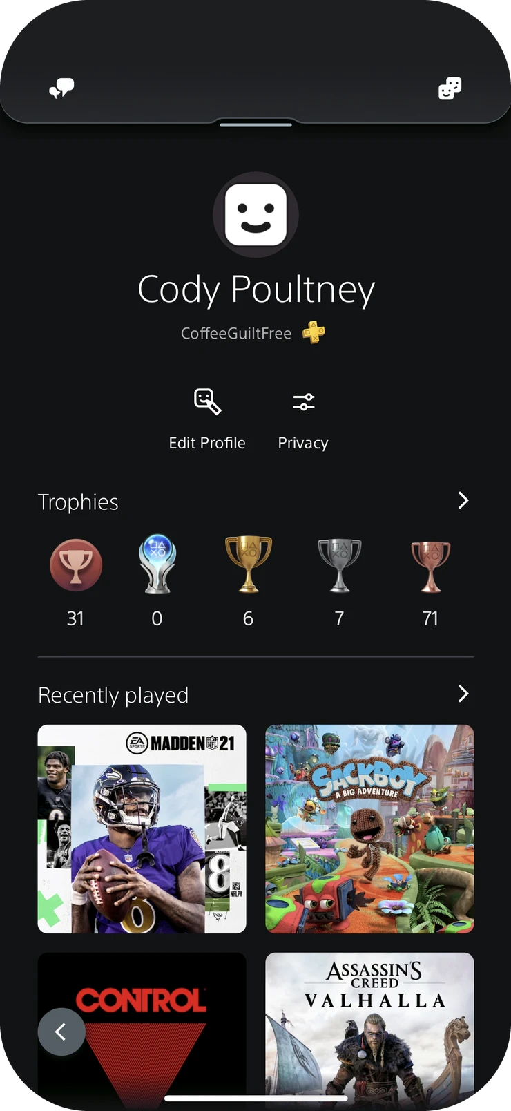 PlayStation App player profile screen