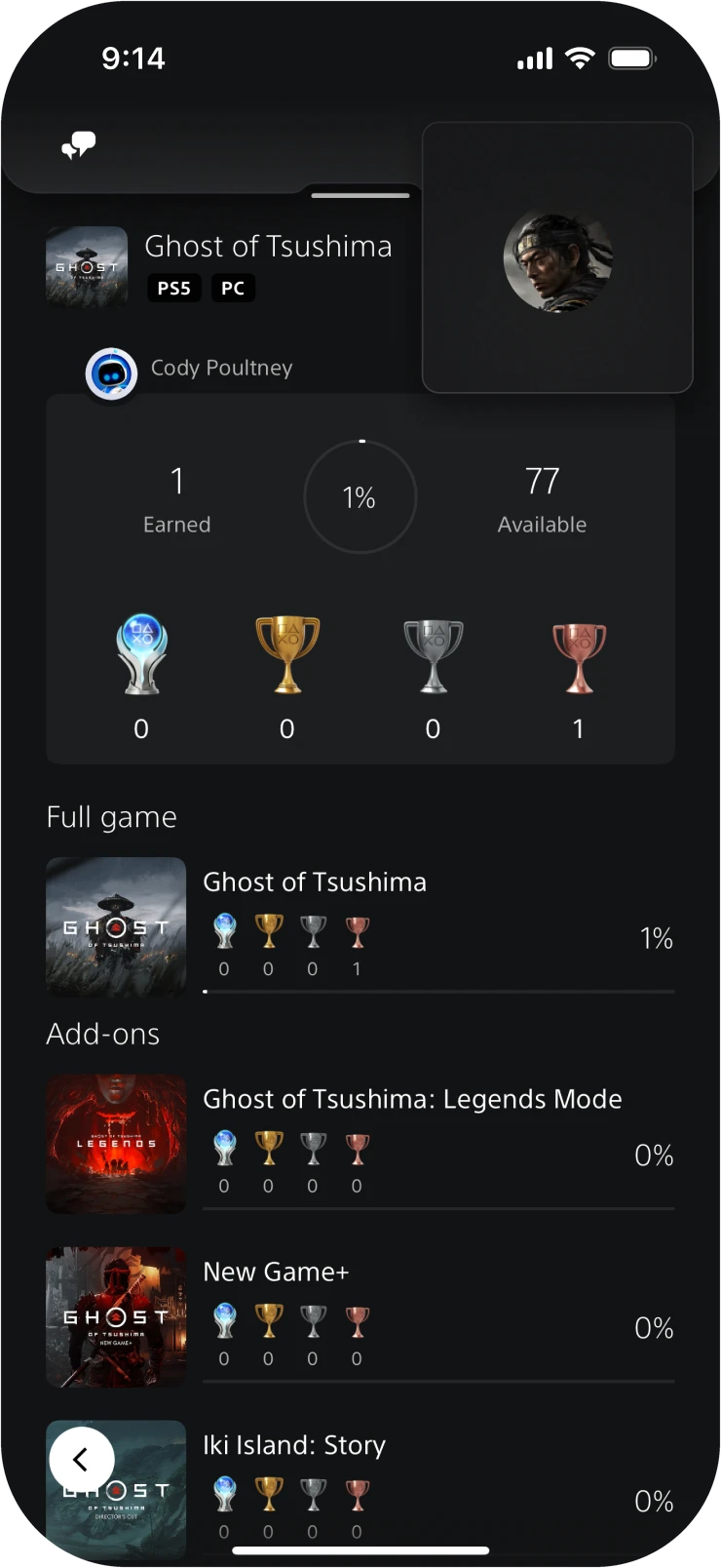 Trophies page with the voice call still minimized