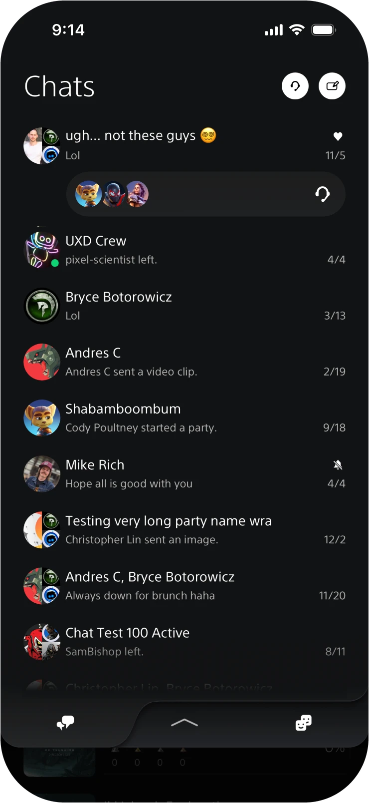 Chats list with an active party shown in the party bar