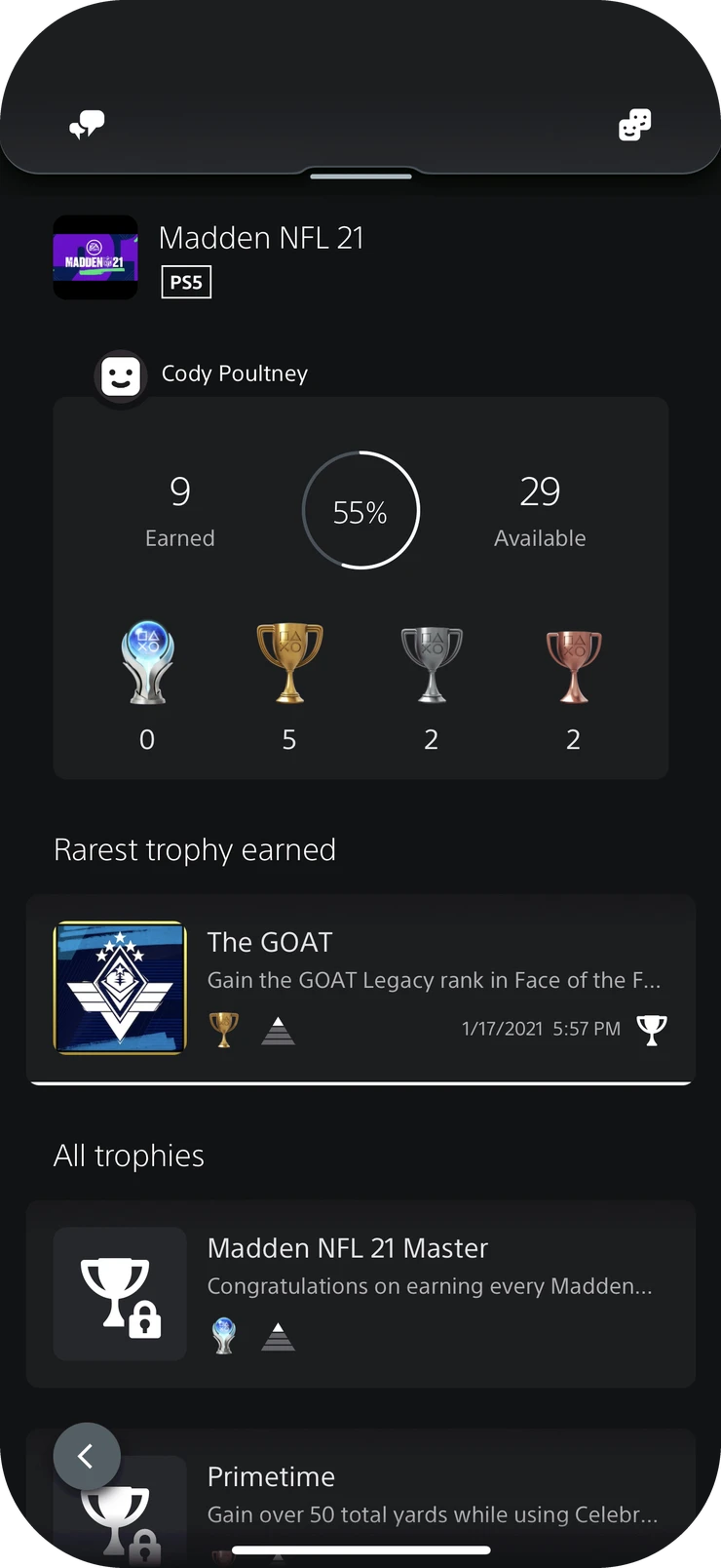 PlayStation App game trophies screen