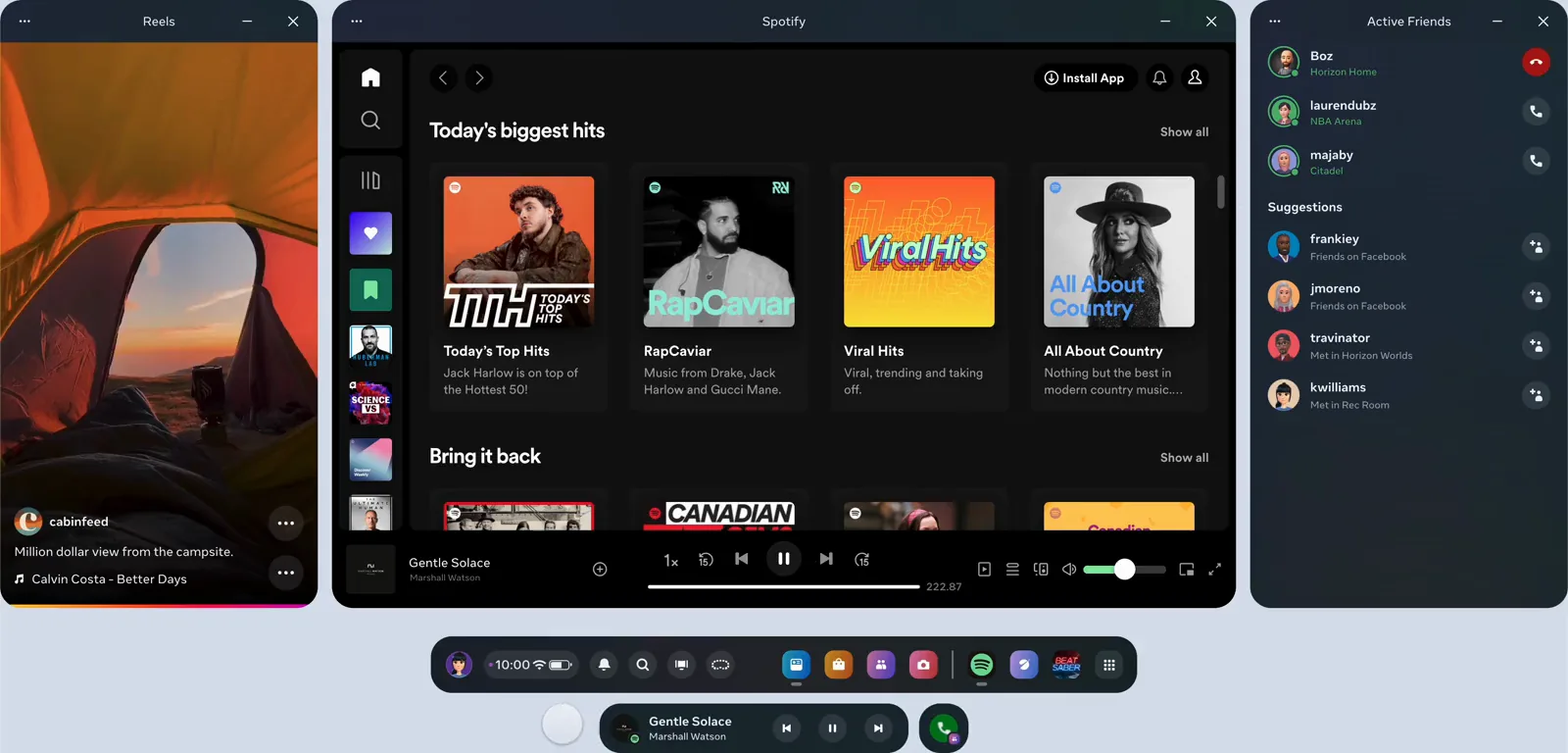 Quest system bar with background audio controls below video, Spotify, and chat panels