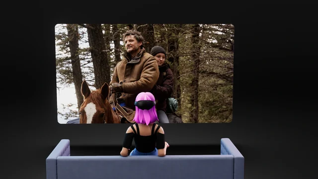 Viewing-mode concept: a seated avatar facing a large screen