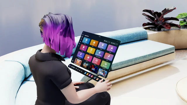 App Library concept: a seated avatar using an app-grid panel