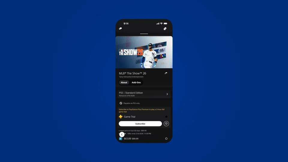 PlayStation App interface on a floating phone against PlayStation blue